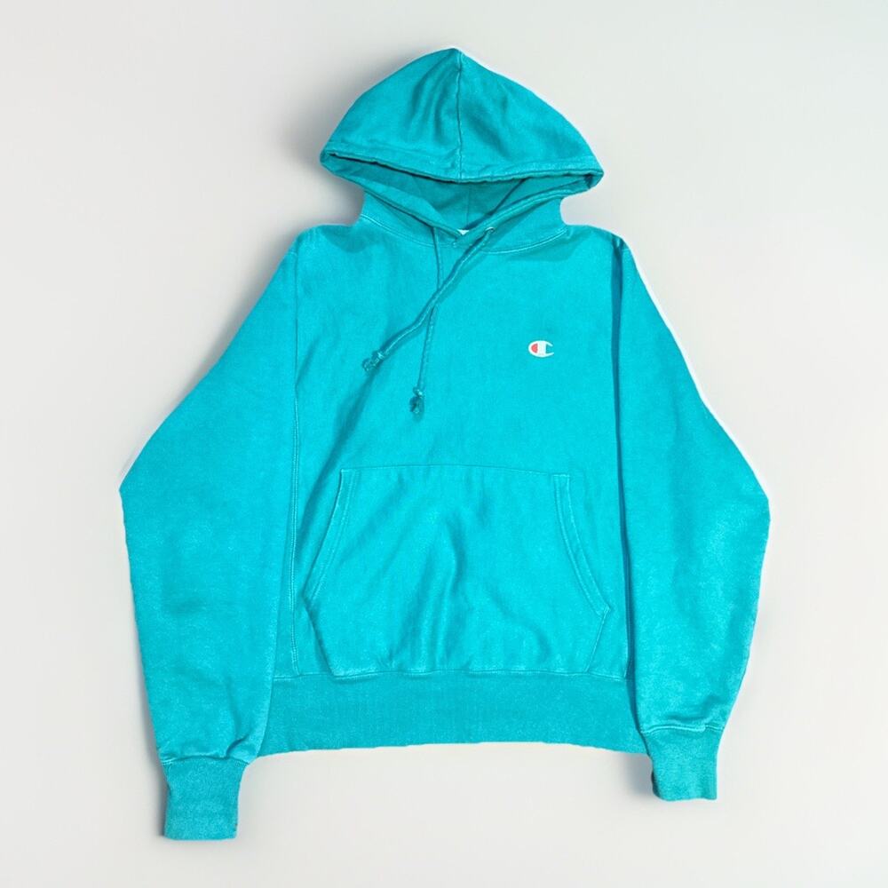 Champion Reverse Weave Hoodie Small Teal Pullover Embroidered Logo Heavyweight